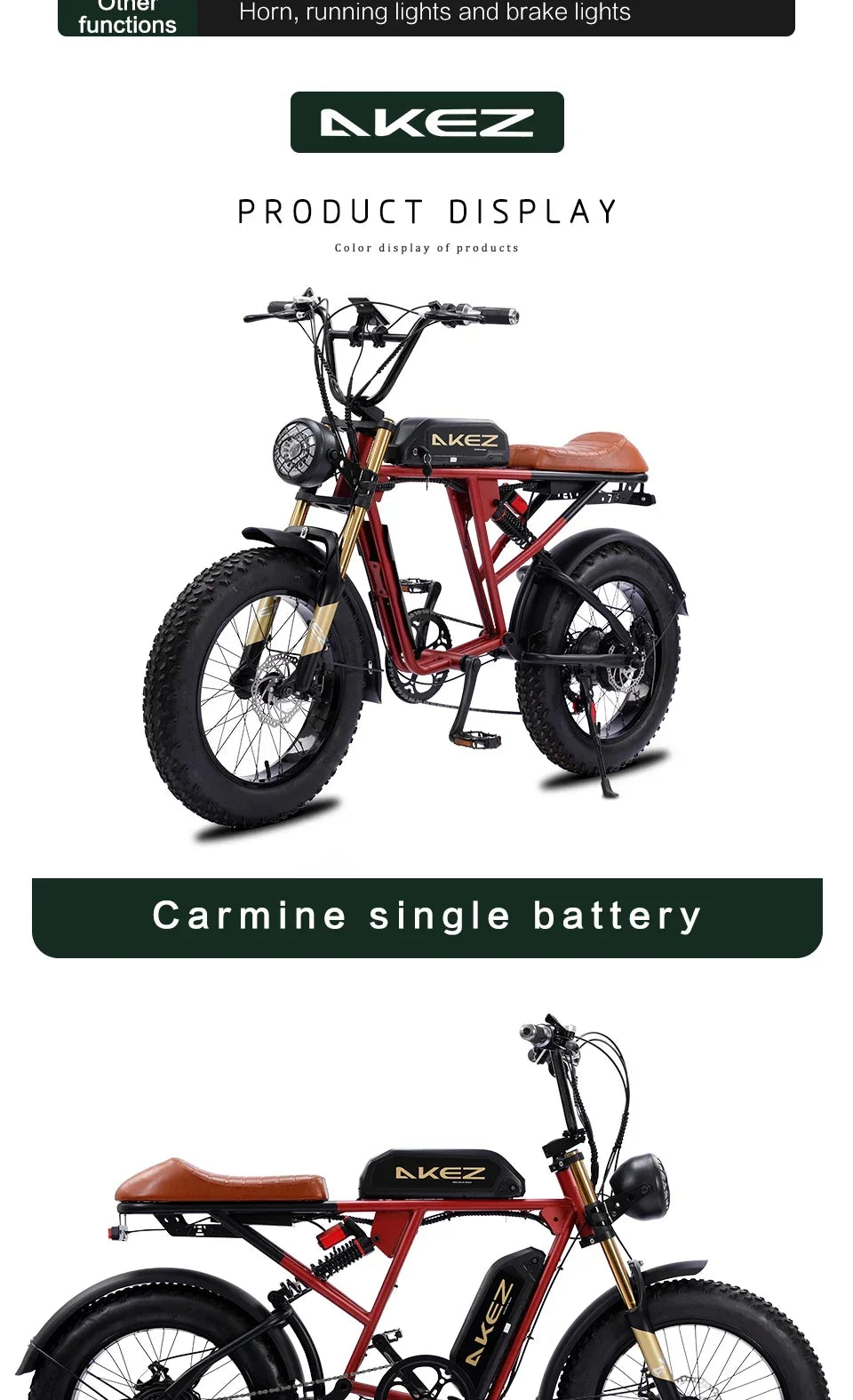 Bicicleta eléctrica retro de 1500 W, 48 V, 36 Ah, 20 x 4 pulgadas, neumáticos anchos, para montaña y nieve, AKEZ, motocicleta para adultos.