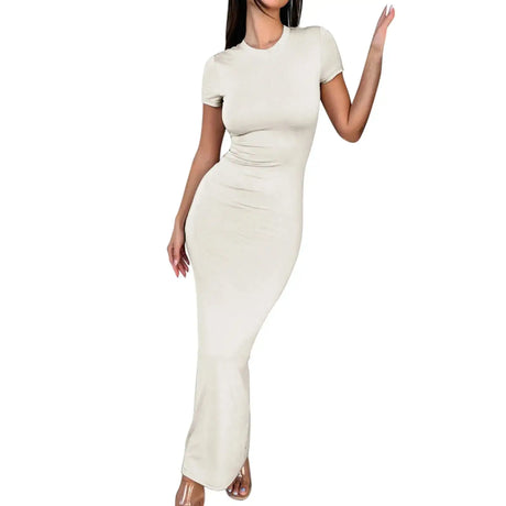 Solid Black White Skinny Long Dress Women's Summer Fashion Plain Bodycon Maxi Tshirt Dress Ladies Simple Casual Slim Dresses - Lootquake