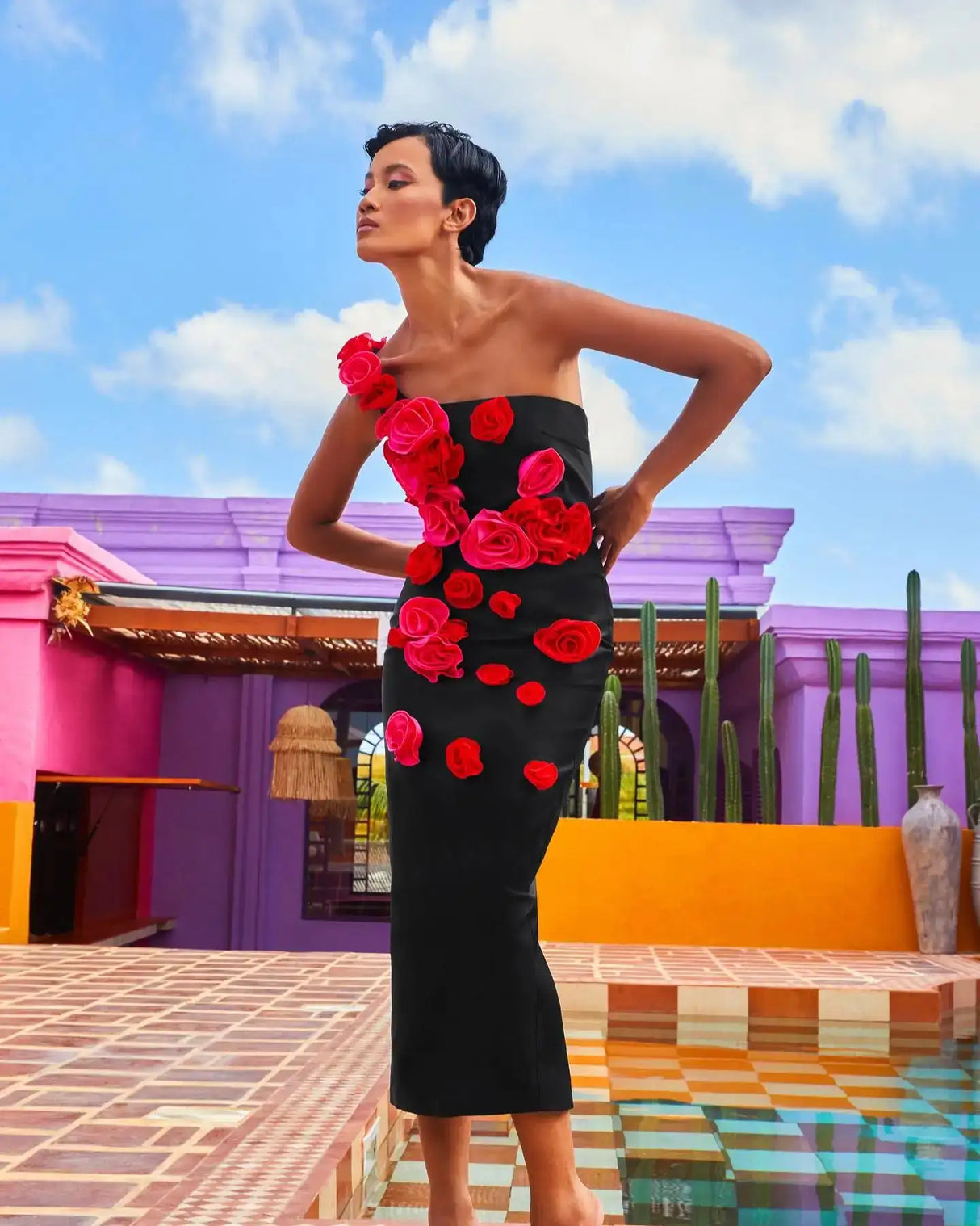 2025 New Spring Women Sexy One Shoulder Red Flowers Bodycon Bandage Long Dress Celebrate Evening Party Nightclub Dress - Lootquake