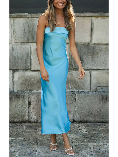 Women Summer Solid Color Party Strapless Dress Sleeveless Backless Elastic Strap Silk Surface Elegant Long Dress - Lootquake