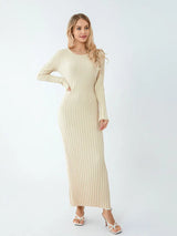 Women Spring Autumn Lace-up Knit Dress Elegant Long Sleeve Crew Neck Ribbed Solid Color Long Dress Streetwear - Lootquake