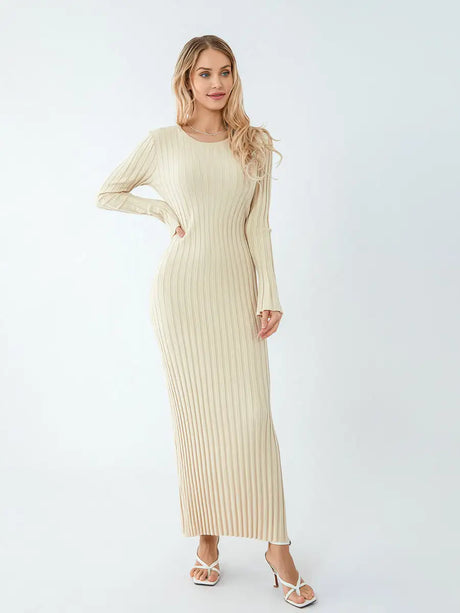 Women Spring Autumn Lace-up Knit Dress Elegant Long Sleeve Crew Neck Ribbed Solid Color Long Dress Streetwear - Lootquake