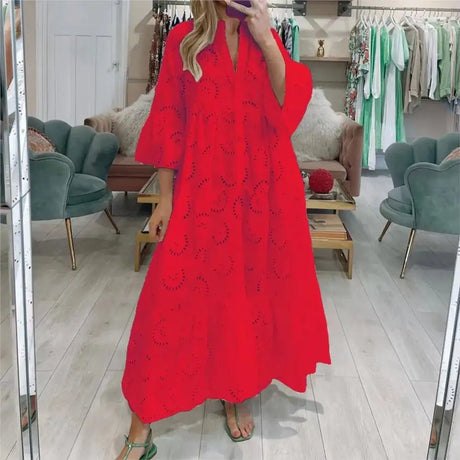 Fitshinling Cotton Long Dress Women Costume Flare Sleeve Slim A-Line Robe Fashion Hollow Out Lace Maxi Dresses Dance Wear - Lootquake
