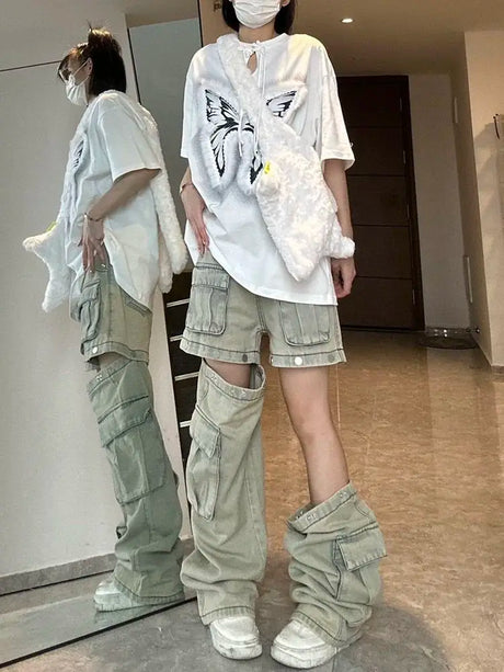 American New Detachable Design Sense Tooling Jeans Female Y2K Fashion Gothic Retro High Street Straight Small Vibe Waisted Pants - Lootquake