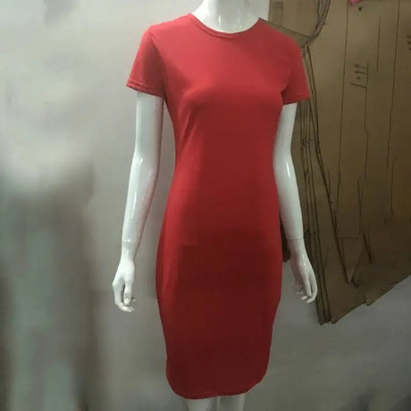 652F Women Summer Short Sleeve Plain Slim Fitted Knee Length Package Hip Long Dress - Lootquake