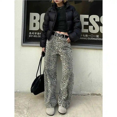 Vintage Leopard Print Jeans Women Spring Oversize Casual Hip Pop Wide Leg Trouser Trend High Waist Panther Denim Pants Ladies - Lootquake