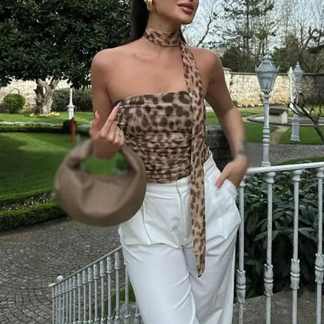 Women's Sleeveless Top Summer Fashion Leopard Print Slim Strapless Backless Scarf Tube Tops Retro Sexy Vest - Lootquake