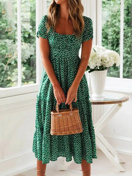 Vestidos Vintage Vintage Print Puff Sleeve summer Beach sweet dresses Casual Square collar floral maxi long dress 2024 festa - Lootquake