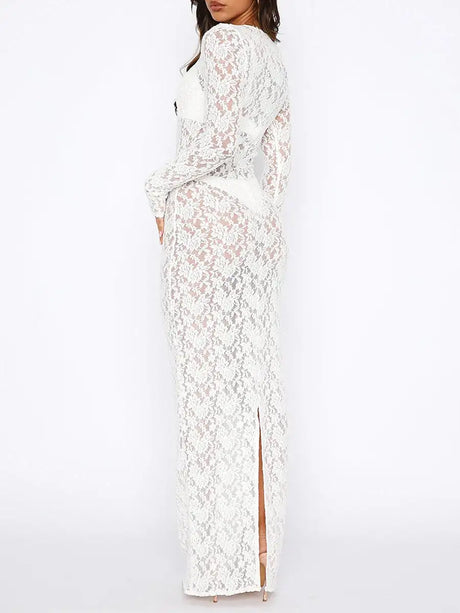 Women s Lace Long Dress Vintage Long Sleeve Round Neck Solid Color Bodycon Dress Party Gown - Lootquake