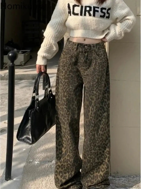 Vintage Leopard Print Pantalon Femme Wide Leg Pants Women High Waist Straight Y2k Jeans Casual Fashion Korean  Jean Trousers - Lootquake