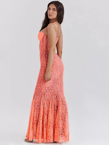 Mozision Floral Lace Sexy Maxi Dress For Women Orange Spaghetti Strap Sleeveless Backless Bodycon Club Party Long Dress Elegant - Lootquake