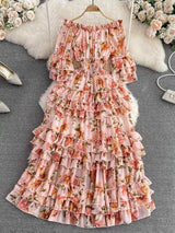 Summer New Off Shoulder  Wrap Waist to Show Thin A-line Fragmented Cake Dress Women's Beach Vacation Chiffon Long Dress GD820 - Lootquake