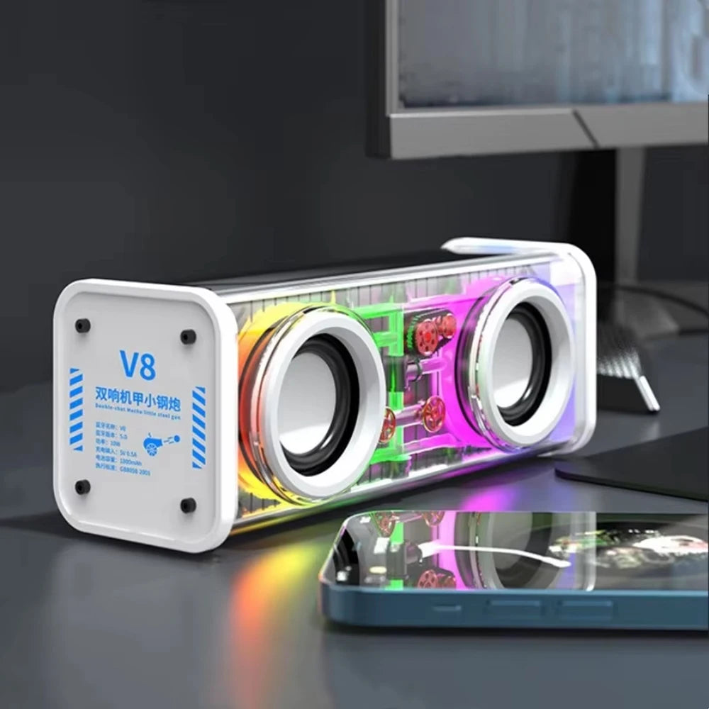 Altavoces duales Bluetooth 5.0 inalámbricos RGB1800mAh Altavoces mecánicos transparentes Efecto de luz Altavoz Subwoofer de graves Mini altavoz