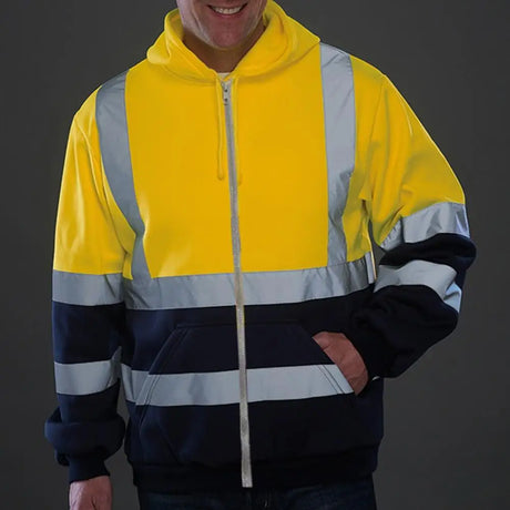 Reflective Men Hoodie Drawstring Loose Zipper Long Sleeve Hooded Pullover Winter Work Safety Coat Moisture-wicking Sweatshirt - Lootquake