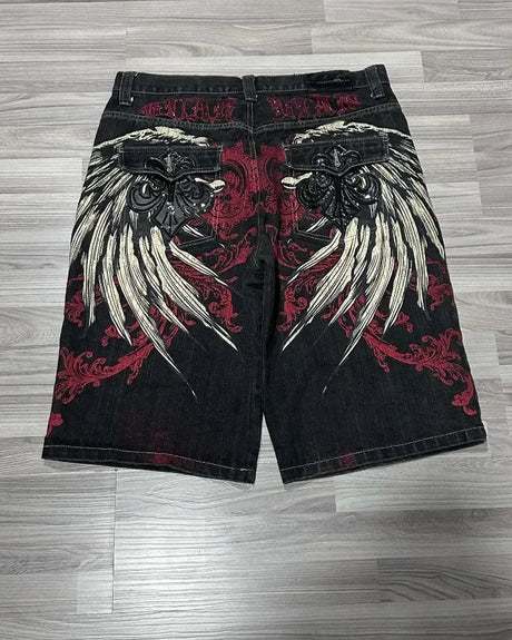 Y2K Baggy Shorts Womens New Wing Embroidered Denim Shorts Vintage Harajuku Hip Hop Gothic Punk Gothic Wide Leg Pants Street Wear - Lootquake