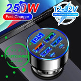 66-250W PD Car Charger QC3.0 Fast Charge with Digital Display 4USB and 2PD Ports for Car Cigarette Lighter Plug