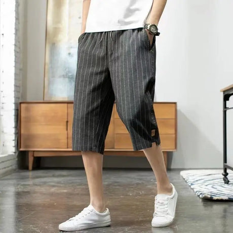Summer New Trend Cotton Hemp Thin Straight Casual Capris Men Print Stripe Elastic Waist Drawstring Pocket Versatile Loose Shorts - Lootquake