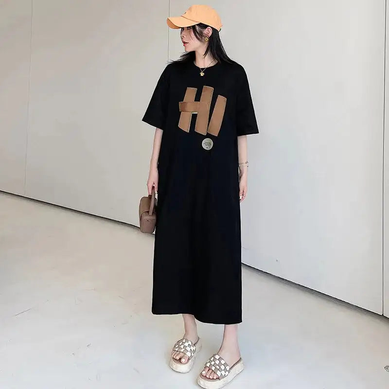 Vestido largo blanco con estampado Harajuku para mujer, ropa Y2K, informal, de manga corta y cuello redondo, moda coreana, vestidos sueltos de verano para mujer 2024