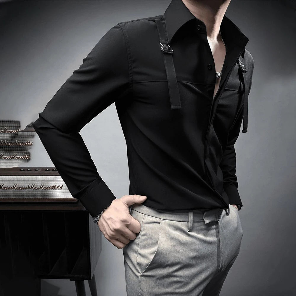Fashion Unique Suspender Design Long-Sleeved Shirt Mens High-End 2024 Autumn New Trend Casual Solid Color Y2k Mens Shirt - Lootquake