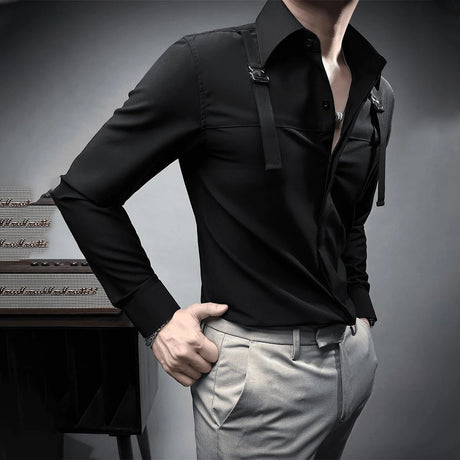 Fashion Unique Suspender Design Long-Sleeved Shirt Mens High-End 2024 Autumn New Trend Casual Solid Color Y2k Mens Shirt - Lootquake