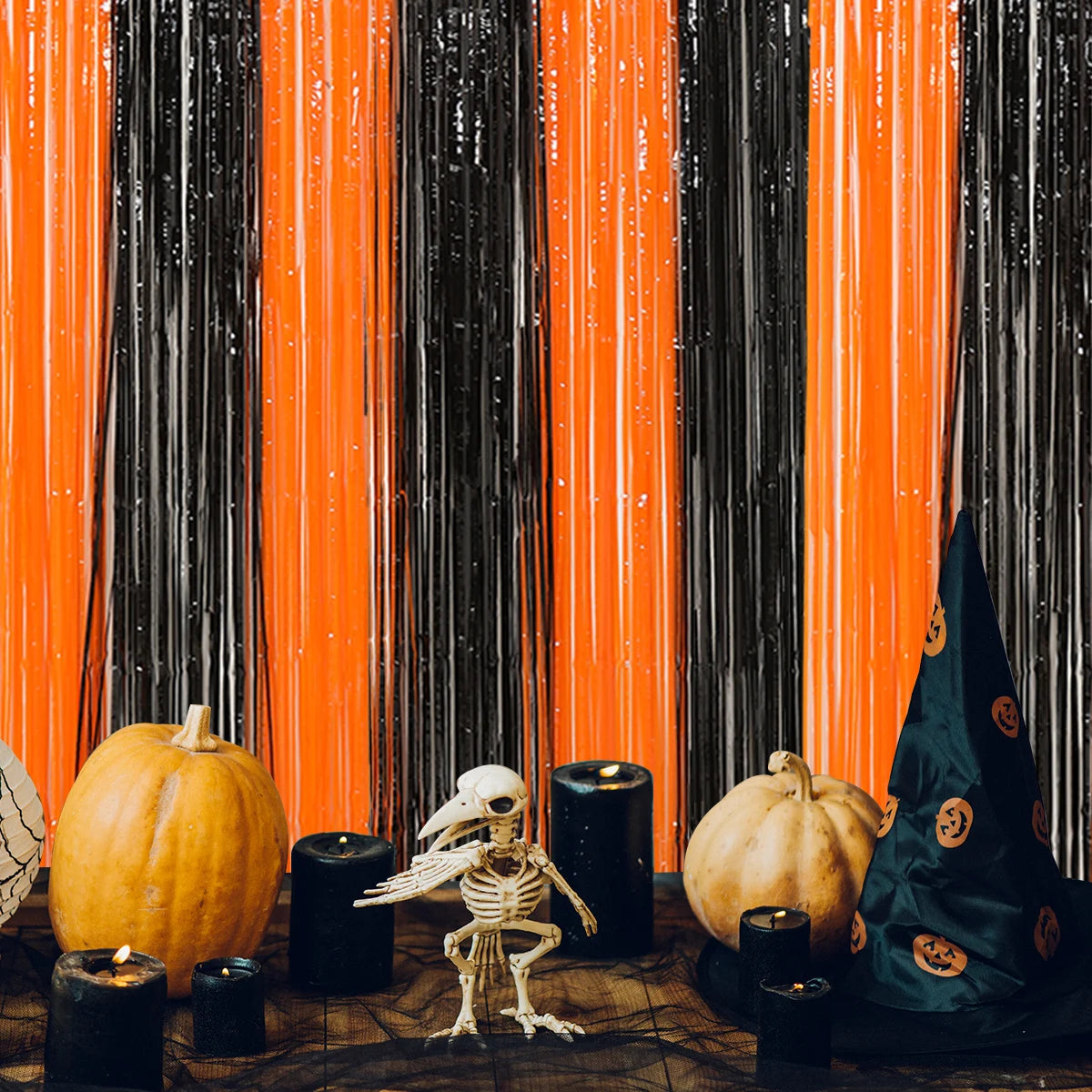 1x2m Halloween Recoration Black And Red Orange Foil Tassel Rain Silk Curtain Metallic Streamers Halloween Party Decor Supplies