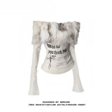 Y2k Emo Women Korean Streetwear Japanese Fur Collar Tops Off Shoulder Long Sleeve Aesthetics Letter T-shirt 2000s Alt Clothes - Lootquake