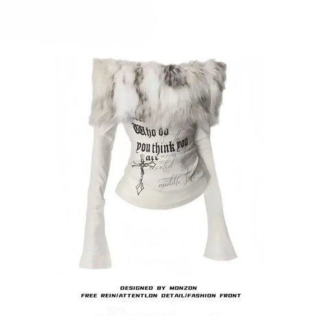 Y2k Emo Women Korean Streetwear Japanese Fur Collar Tops Off Shoulder Long Sleeve Aesthetics Letter T-shirt 2000s Alt Clothes - Lootquake