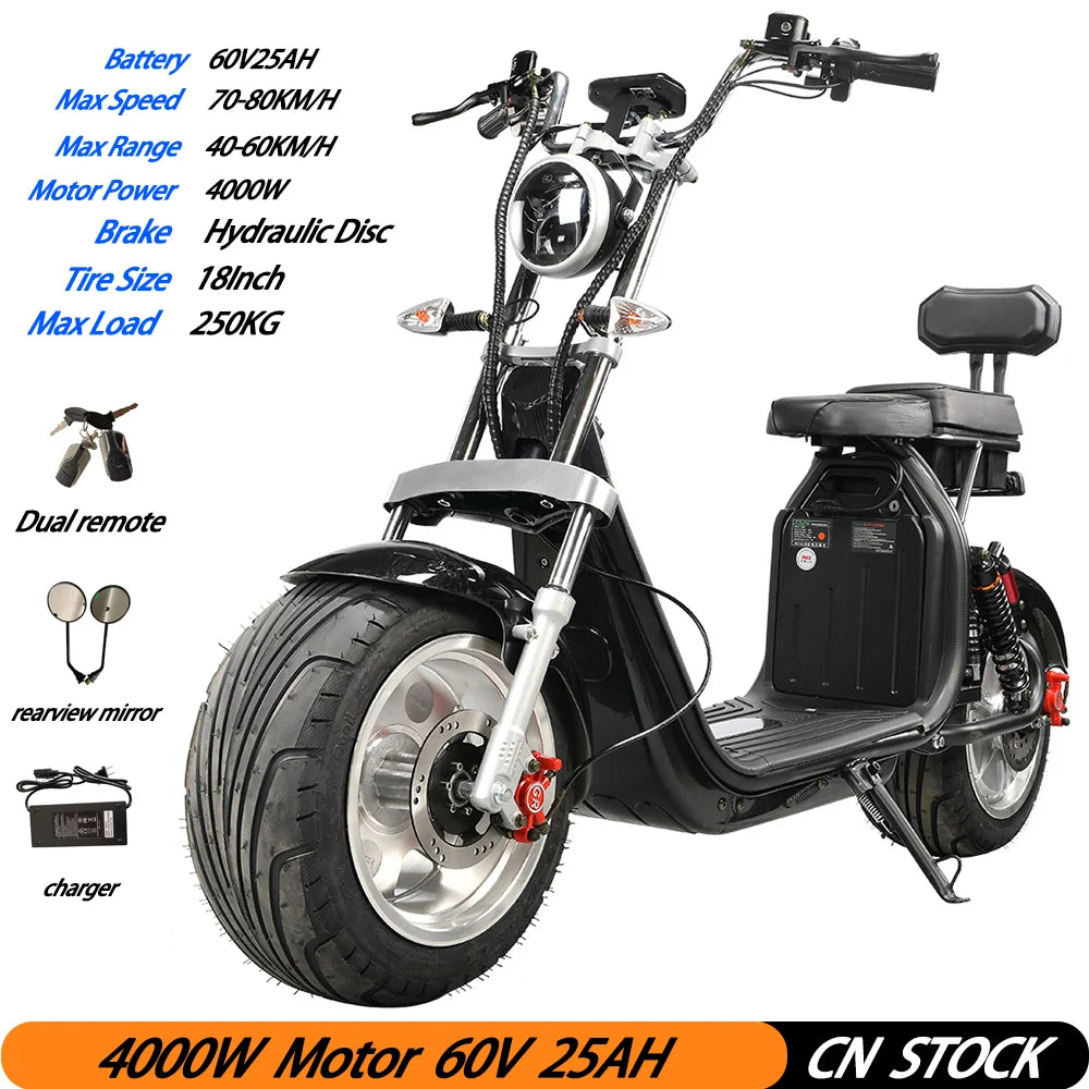 Trottinette électrique Citycoco, moteur puissant de 4 000 W, vitesse maximale de 60 à 70 km/h, batterie de 60 V 25 Ah, autonomie de 40 à 60 km, charge maximale de 250 kg.