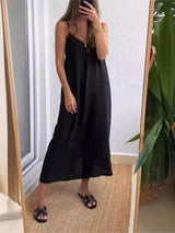Summer Loose Spaghetti Strap Dresses Women Solid Color V-neck Casual Commuting Sleeveless Long Dress Female Fashion New Vestidos - Lootquake