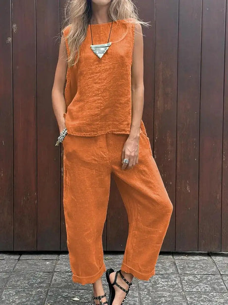 Summer Cotton And Linen Casual Outfits Female Fashion Solid Color Two-piece Set For Women Sleeveless Top Trousers Women's Suit - Lootquake