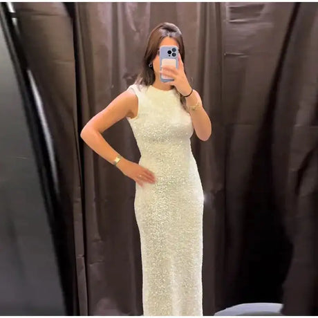 Sequined Party Dresses For Women Removable Sleeve O-neck Slim Long Dress Female 2025 Elegant White Lady Sexy Evening Vestidos - Lootquake