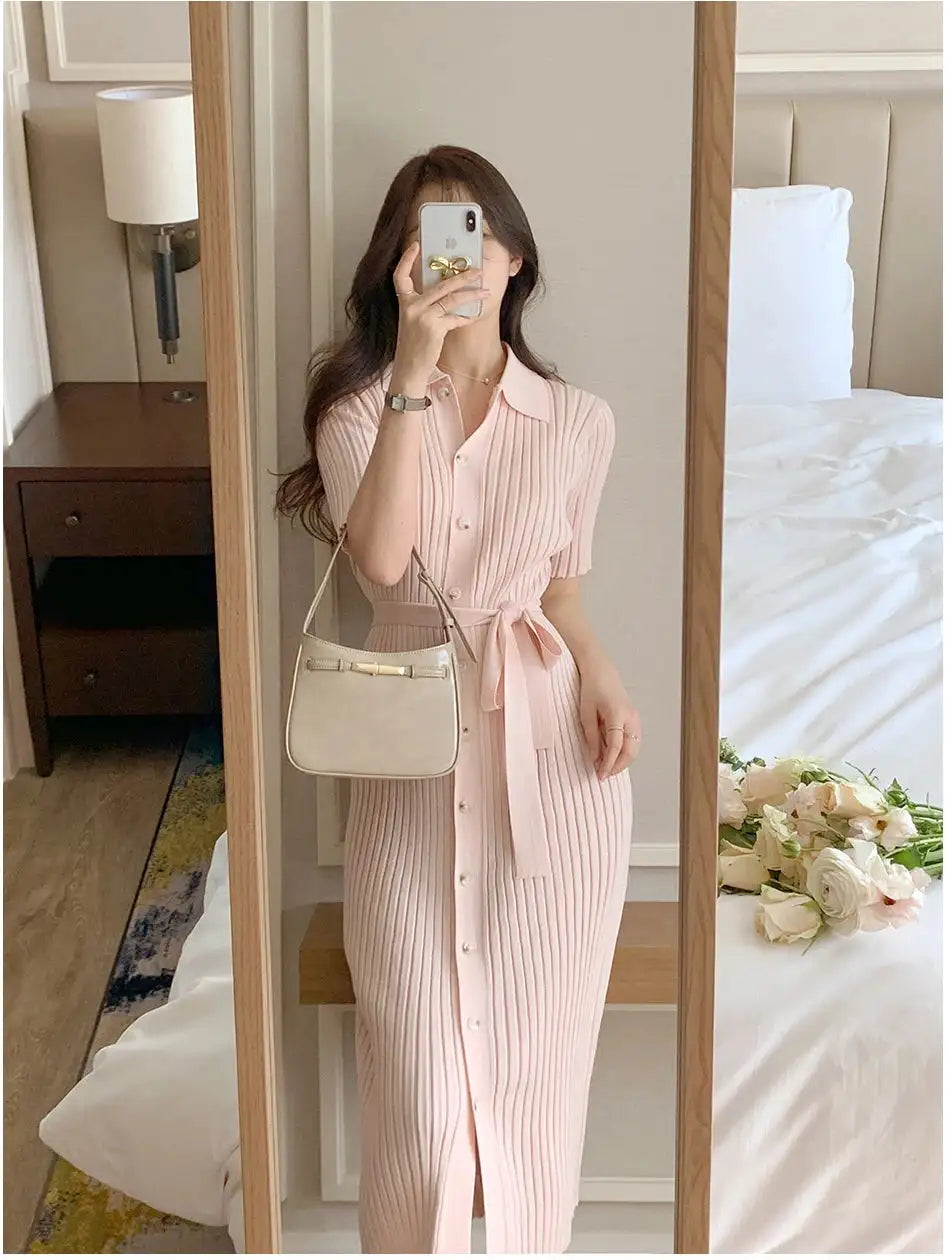 Elegant Summer Sweet Sle Turn-down Collar Single-button Thin Ice Silk Short-sleeve Knitted Long Dress Women's Fashion - Lootquake