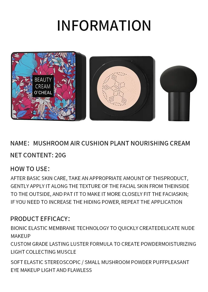 Base de maquillaje Magic Foundation Mushroom Head Air Cushion CC Cream, resistente al agua, iluminadora, base de maquillaje para mujer, maquillaje facial, cosmética coreana.