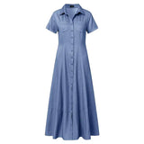 2023 Fashion New Long Dress Shirt Neck Pocket Large Swing Dress Casual Elegant Temperament Single Breasted Denim Dress - Lootquake