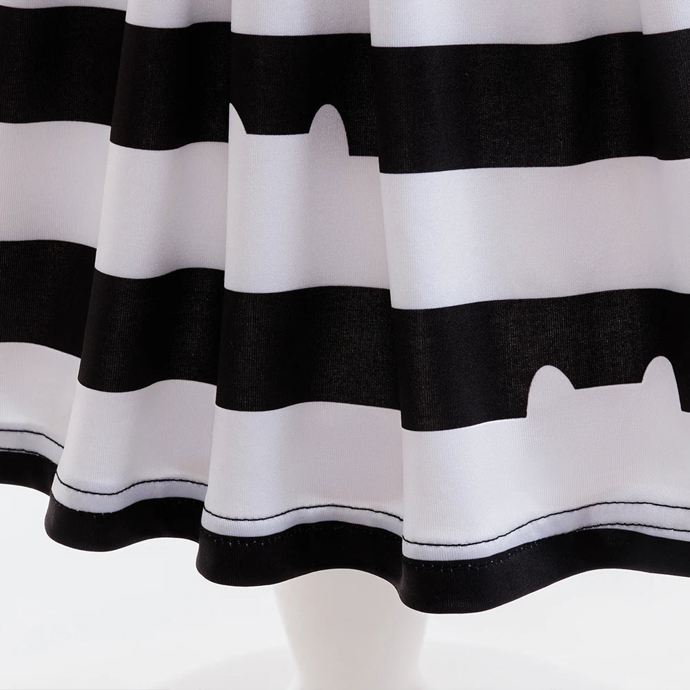 Girl Halloween Costume Set Black White Striped Dress With Cat Ears Headband Glasses Purse Accessories Birthday Party Outfit