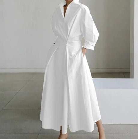 Autumn Dress Long Sleeve Dot Print Elegant Maxi Dresses For Women 2023 White Casual V Neck Shirt Party Long Dress Robe Femme - Lootquake