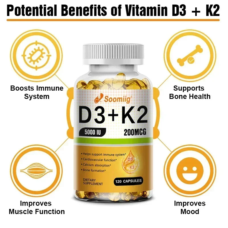 Cápsulas de vitamina D3 (5000 UI) y 200 mcg de vitamina K2 (MK-7) para la absorción de calcio, la regeneración ósea y el refuerzo inmunitario. Fáciles de disolver.