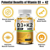 Cápsulas de vitamina D3 (5000 UI) y 200 mcg de vitamina K2 (MK-7) para la absorción de calcio, la regeneración ósea y el refuerzo inmunitario. Fáciles de disolver.