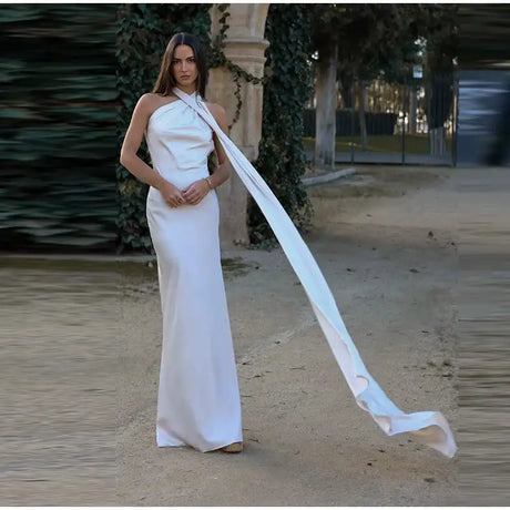 Elegant Satin Halter Slim Long Dress With Scarf Women New Sexy Backless Sleeveless Maxi Dresses Summer Lady Party Chic Vestidos - Lootquake
