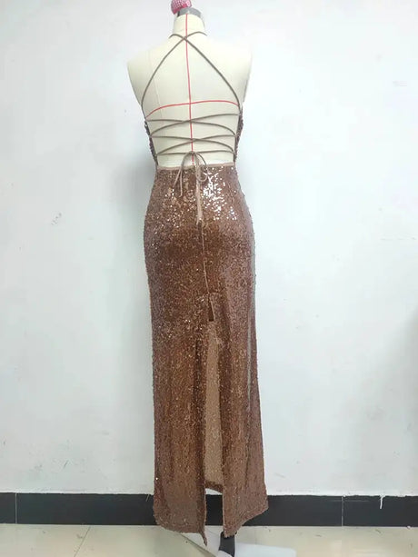 New Sexy Sleeveless Backless Lace-up Slim Long Dress Summer Elegant Pleated Backless Bright Sequins Dress Luxury Evening Dresses - Lootquake