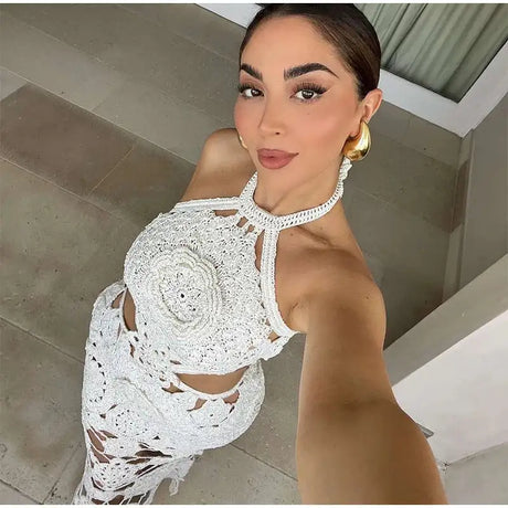 Fashion Hollow Out Halter Maxi Dress For Women 2024 Sexy Sleeveless Backless Long Dress Holiday Hook Flower Knitted Beach Robe - Lootquake