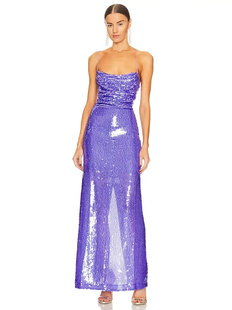 New Sexy Sleeveless Backless Lace-up Slim Long Dress Summer Elegant Pleated Backless Bright Sequins Dress Luxury Evening Dresses - Lootquake