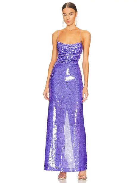 New Sexy Sleeveless Backless Lace-up Slim Long Dress Summer Elegant Pleated Backless Bright Sequins Dress Luxury Evening Dresses - Lootquake
