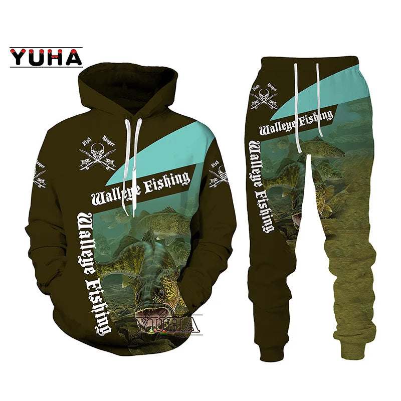 New 3D Fishing Art Print Casual Couple Hoodies Outfits Hip Hop Streetwear Hooded Sweatshirt+Sweat Pants Men's Tracksuit Set - Lootquake