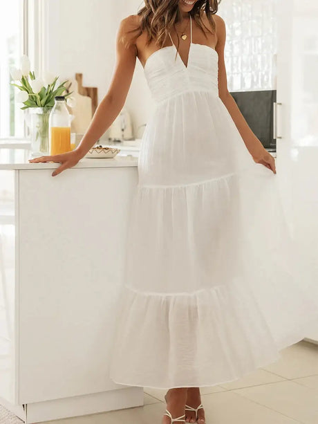 Women Low Cut Backless Maxi Dresses Elegant Spaghetti Strap Tiered Long Dress Relax Fit Open Back Cutout Flowy Sundress - Lootquake