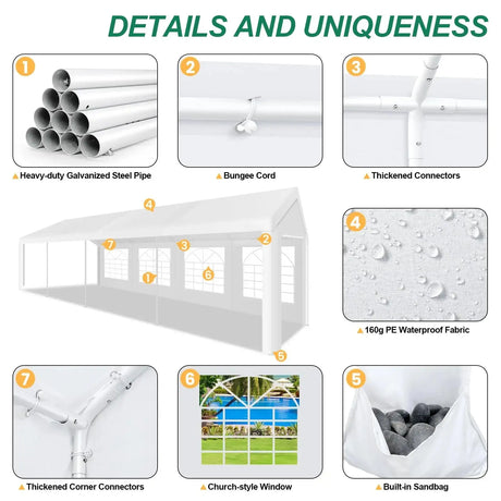 10 x 30 Canopy Tent Heavy Duty, 10x30 Party Tent with Removable Sidewalls & 4 Built-in Sandbags, Wedding Tent UV 50+，Waterproof - Lootquake