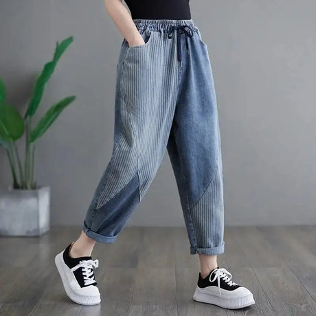 Jeans Women Spring Autumn New Stripe Splicing Large Size Drawstring Elastic Waist Thin Ladies Harlan Nine Points Pants Z468 - Lootquake