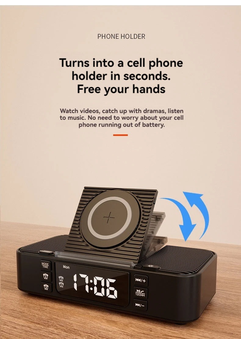 Enceinte Bluetooth portable avec chargement sans fil, lumière d'ambiance, fonction réveil, double haut-parleur, chargement USB