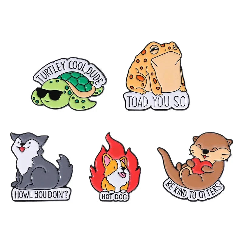 Cartoon Animal Enamel Pins: Be Kind to Otters, Toad, Dog, Turtle, Fox Lapel Badge Gift