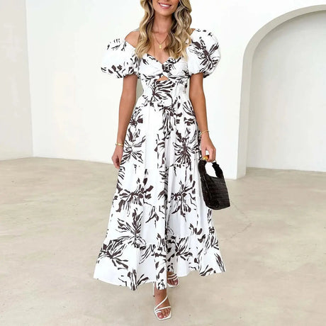 Summer V Neck Cutout Floral Print Dresses Elegant Women Puff Short Sleeve Casual Dress Pleated Waisted Swing Beach Long Dress - Lootquake